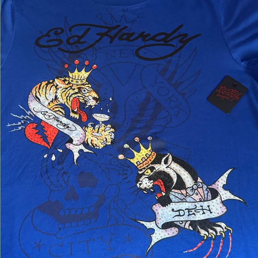 Ed Hardy Blue Short Sleeve Tee with Tiger & Panther Crowns